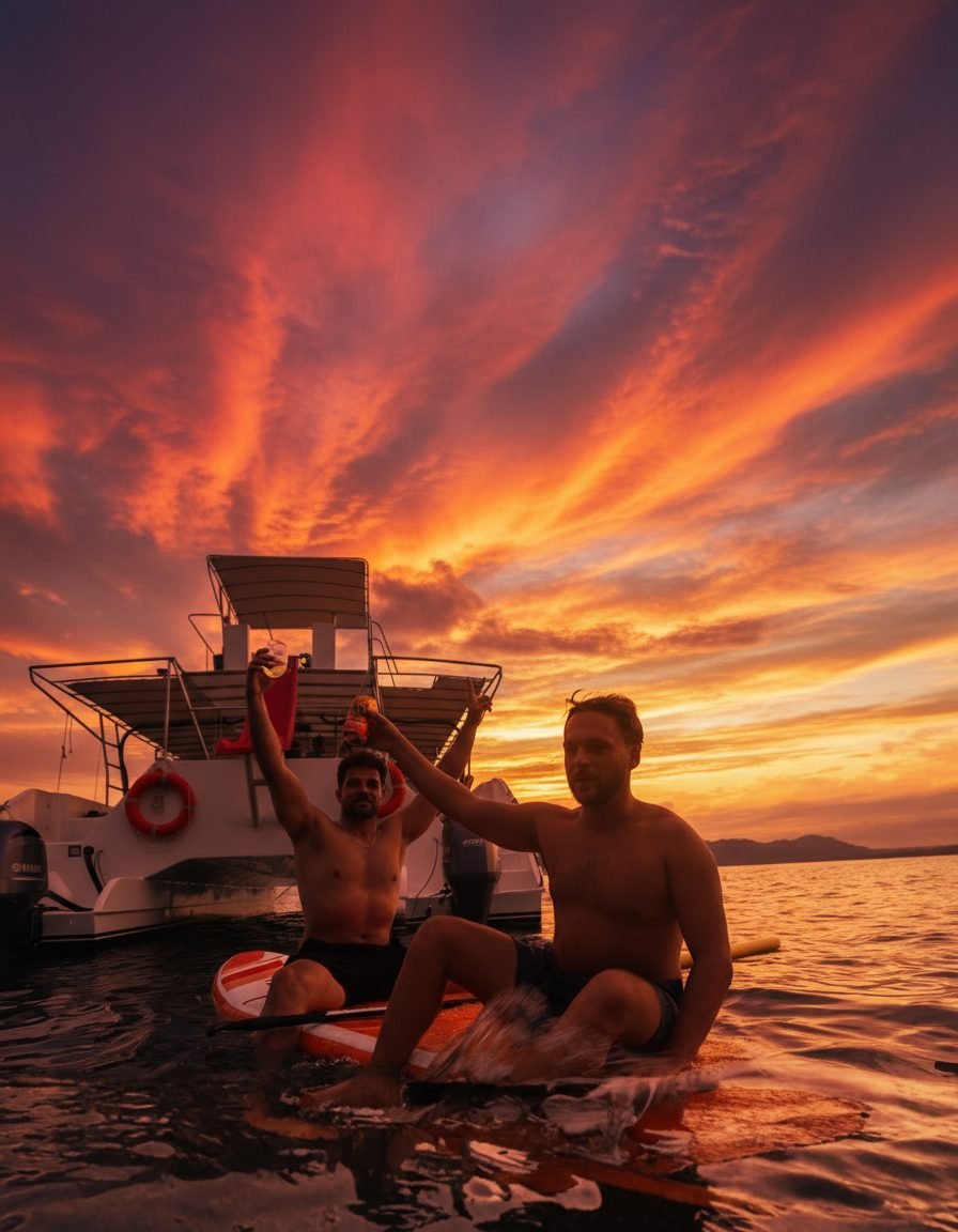Brindis al atardecer desde la tabla de paddle
