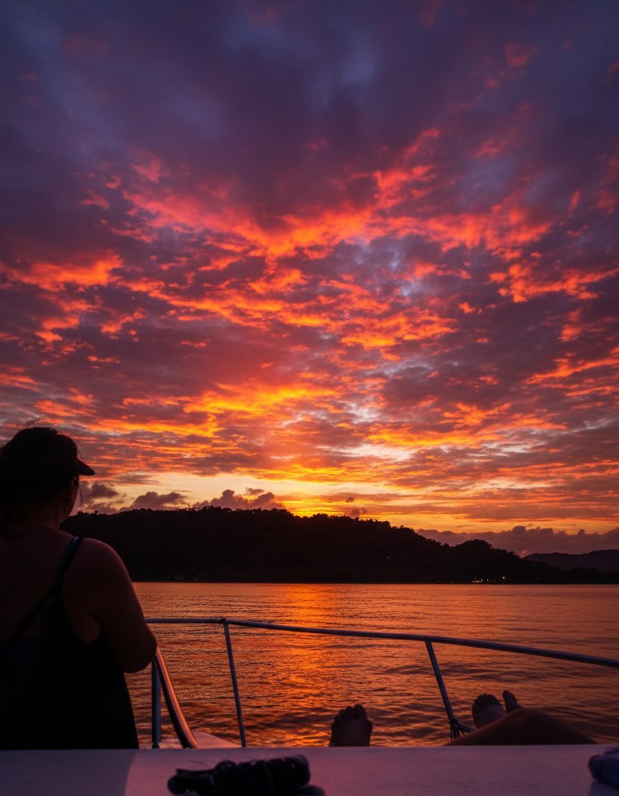 Atardecer sobre la bah&iacute;a desde la proa